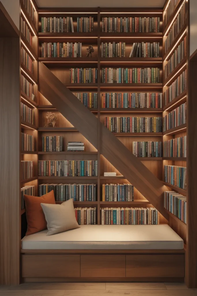 Under stairs mini library with floor-to-ceiling bookshelves, LED strip lighting, and cushioned reading bench