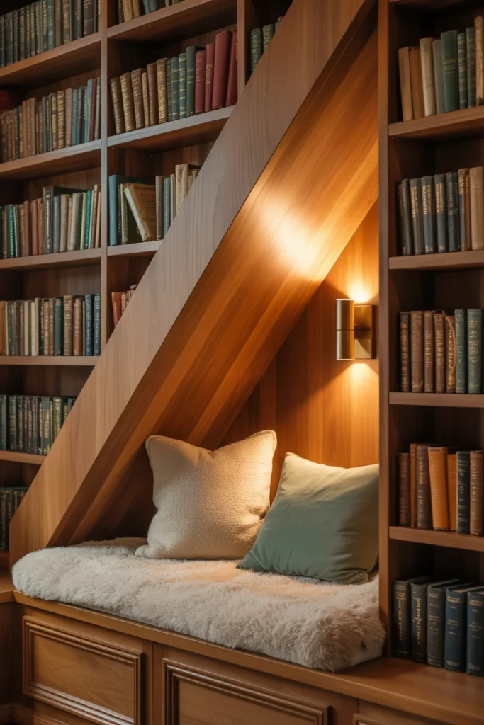 Under stairs reading nook with built-in bench and bookshelf walls filled with vintage books and warm lighting