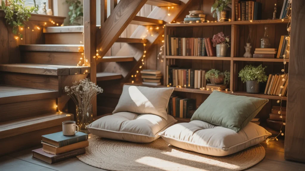 Under stairs reading nook with built-in shelves, string lights, and floor cushions in a cottagecore style