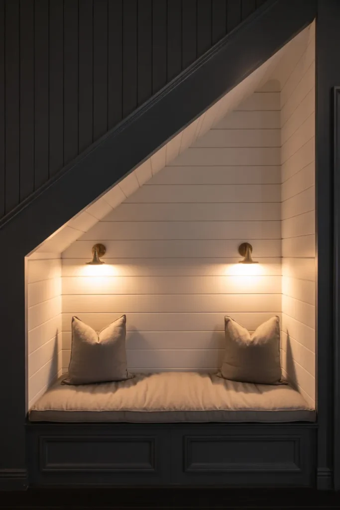 Under stairs reading nook with white shiplap paneling, brass wall sconces, and charcoal upholstered bench