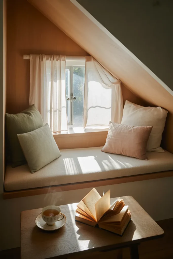 Under stairs window reading nook with natural morning light, linen cushion, and a teacup on the side table