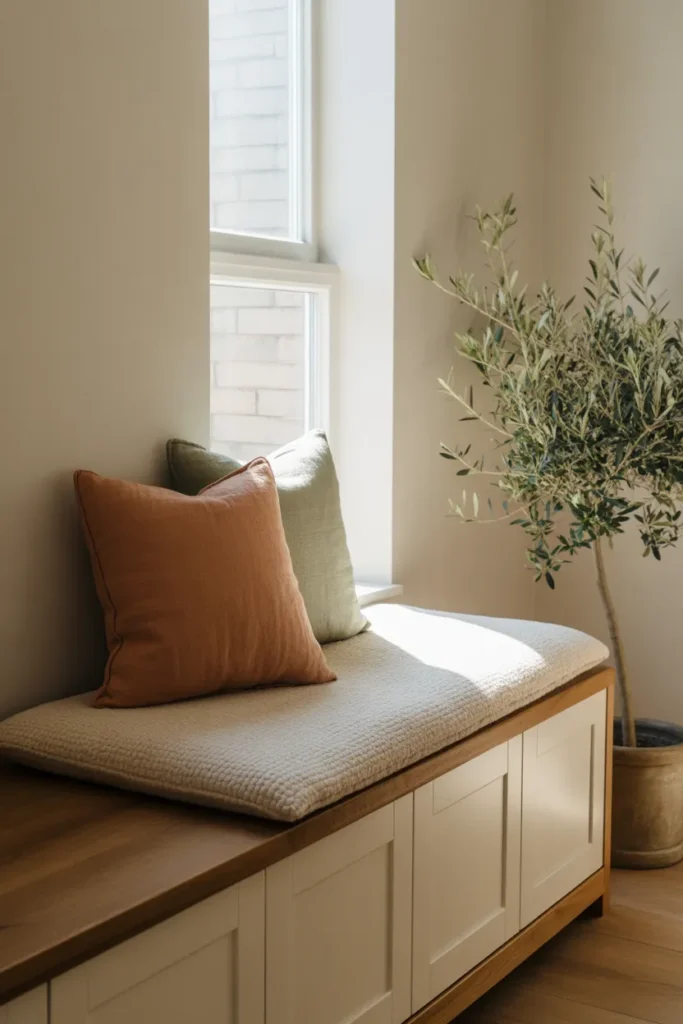 Under the window storage bench reading nook in cozy home office