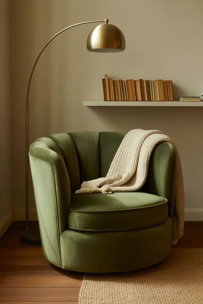 Velvet barrel-back accent chair in reading nook with brass lamp and bookshelf — best reading nook chairs under 300