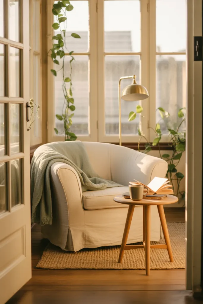 Vertical Pinterest pin layout of cozy sunroom reading nook with brass lamp and pothos plant.