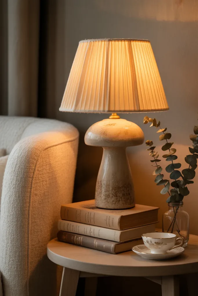 Vintage pleated mushroom table lamp on a wooden side table next to a bouclé reading chair — warm reading corner lamp idea.