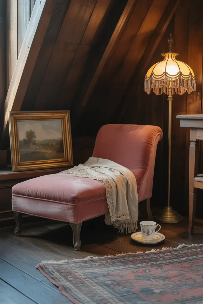 Vintage romantic attic reading nook with velvet chaise longue under sloped ceiling
