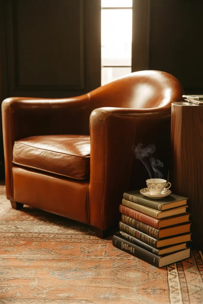Vintage terracotta Persian reading nook rug under a worn leather armchair with old books and tea