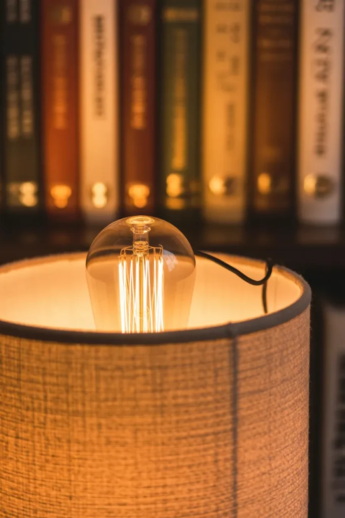 Warm 2700K Edison bulb in linen lamp shade showing the perfect color temperature for cozy reading nook lighting.