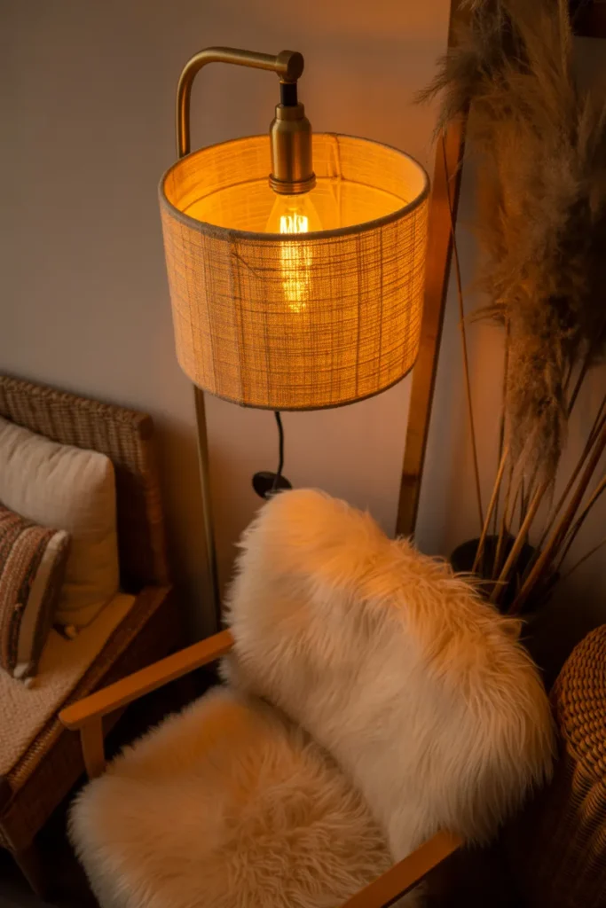 Warm 2700K brass floor lamp with linen shade lighting a cozy boho reading nook corner