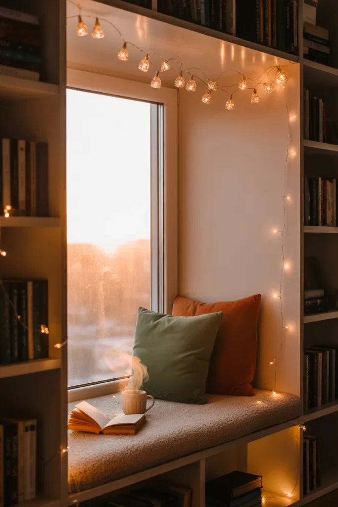 Warm fairy lights draped across a window seat reading nook creating a magical cozy glow at twilight.