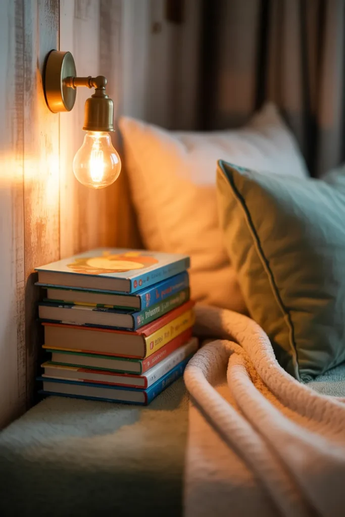 Warm reading lamp in a cozy kids reading nook with storage