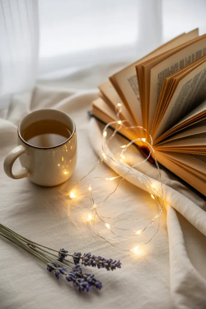 Warm white fairy lights, paperback book, and ceramic mug for a cozy reading nook on a budget.