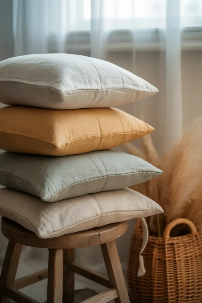 Washable linen reading nook cushion covers in neutral tones stacked by a cozy chair