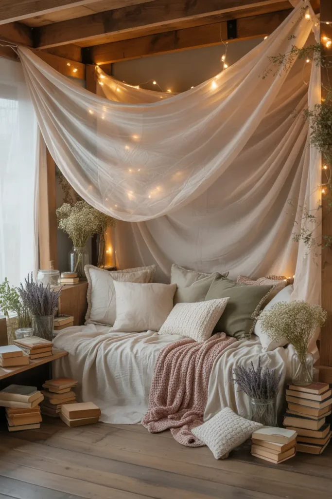 Whimsical cottagecore reading nook with fairy light canopy and fluffy pillows on a daybed