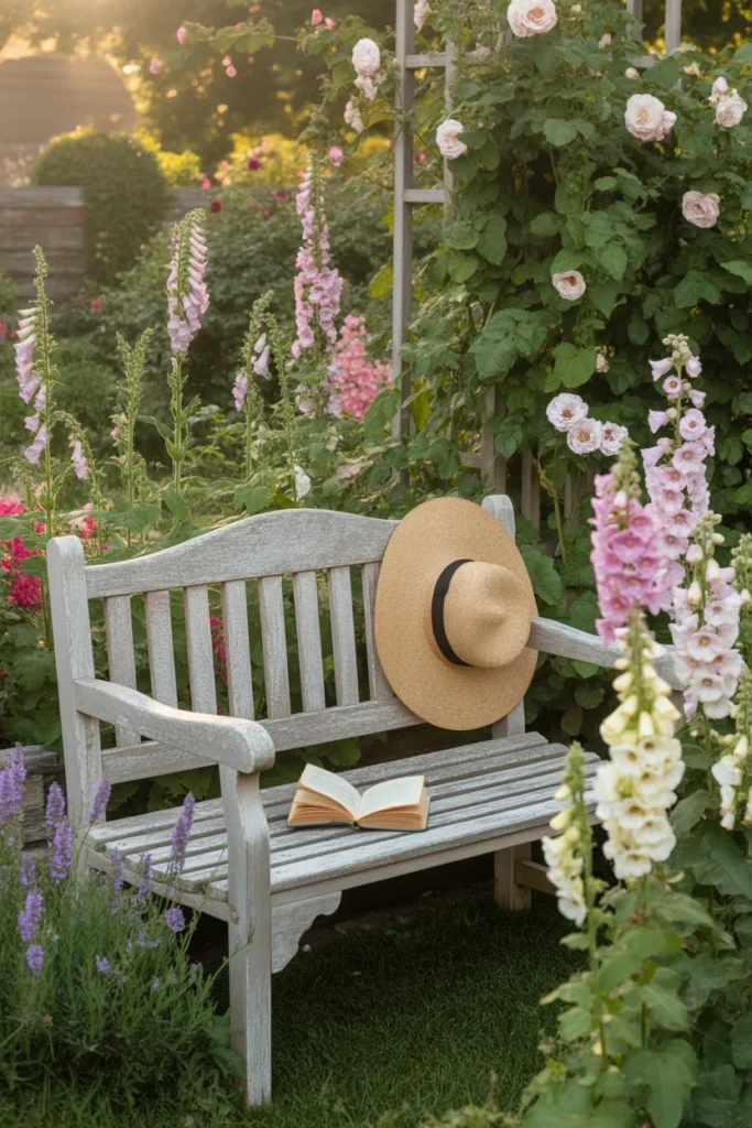 White bench in a wildflower garden with book and straw hat — cottagecore outdoor reading nook idea.