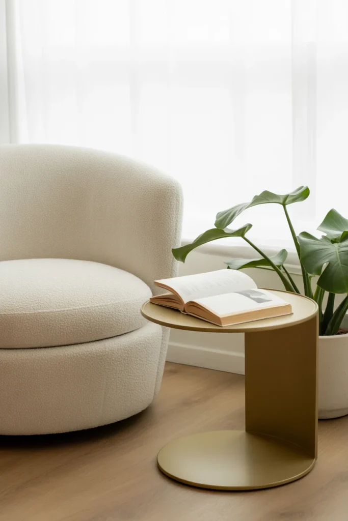 White boucle swivel reading nook chair in minimalist corner — modern reading chairs for cozy spaces 2026