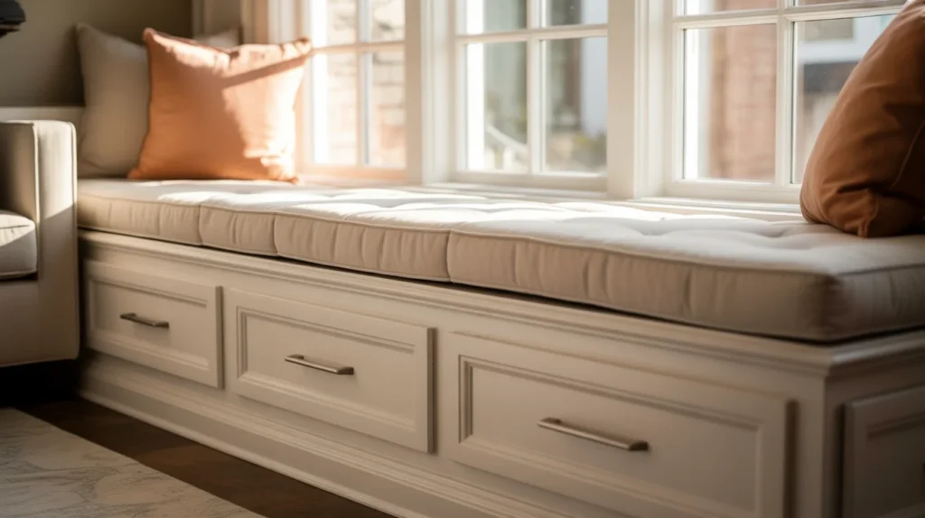 White built-in window seat reading nook with storage drawers and cream cushion in a sunny living room