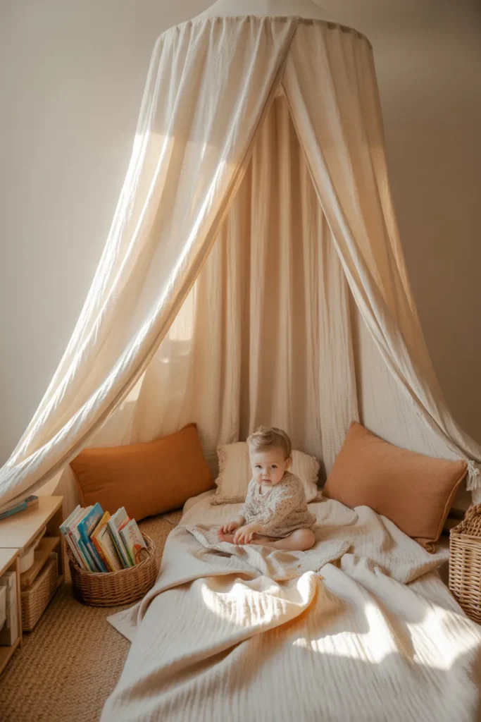White canopy reading nook for toddlers with floor mattress and woven book basket