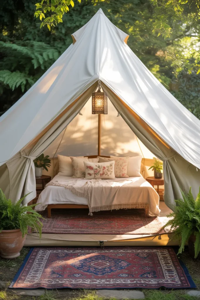 White canvas bell tent reading retreat with vintage rug and brass lantern
