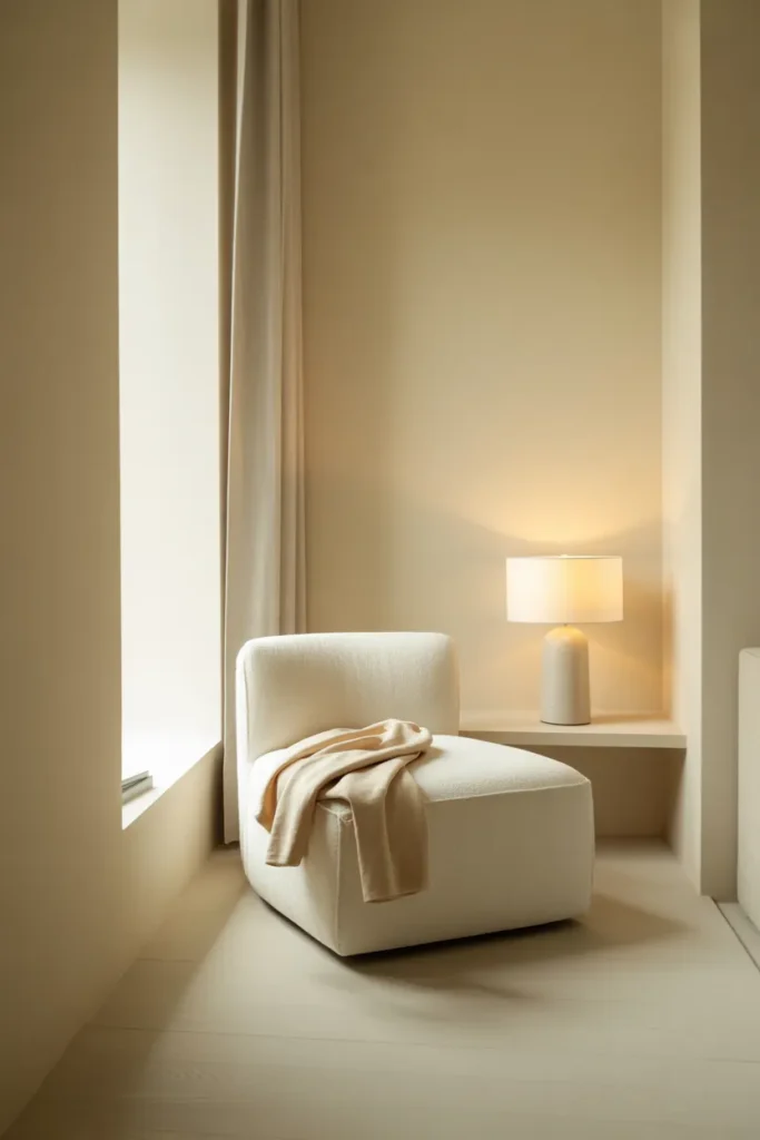 White on white minimalist reading nook in bedroom corner with cream armchair and wool throw