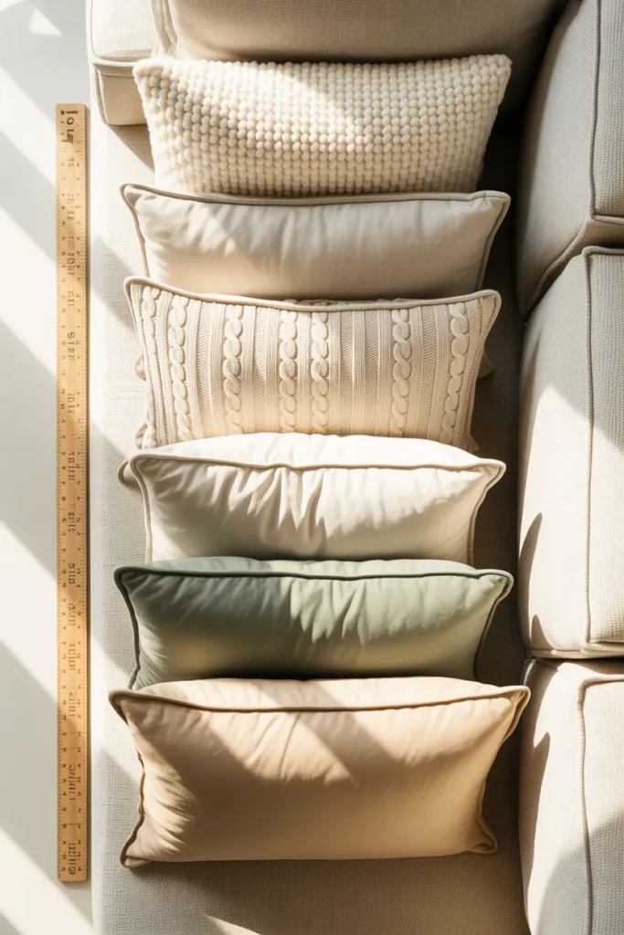Window seat cushion size and pillow stacking formula with five pillows in oat, cream, and sage textures.