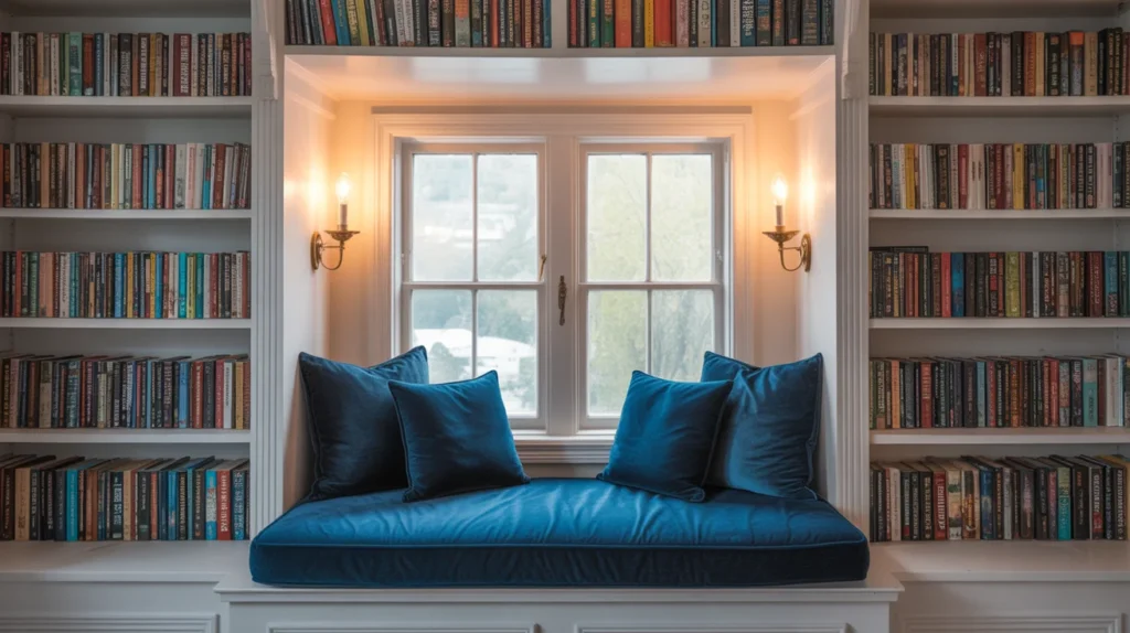 Window seat reading nook between floor-to-ceiling bookshelves with navy cushion and wall sconces