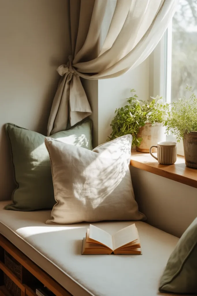 Window seat reading nook in home office with linen pillows and natural light