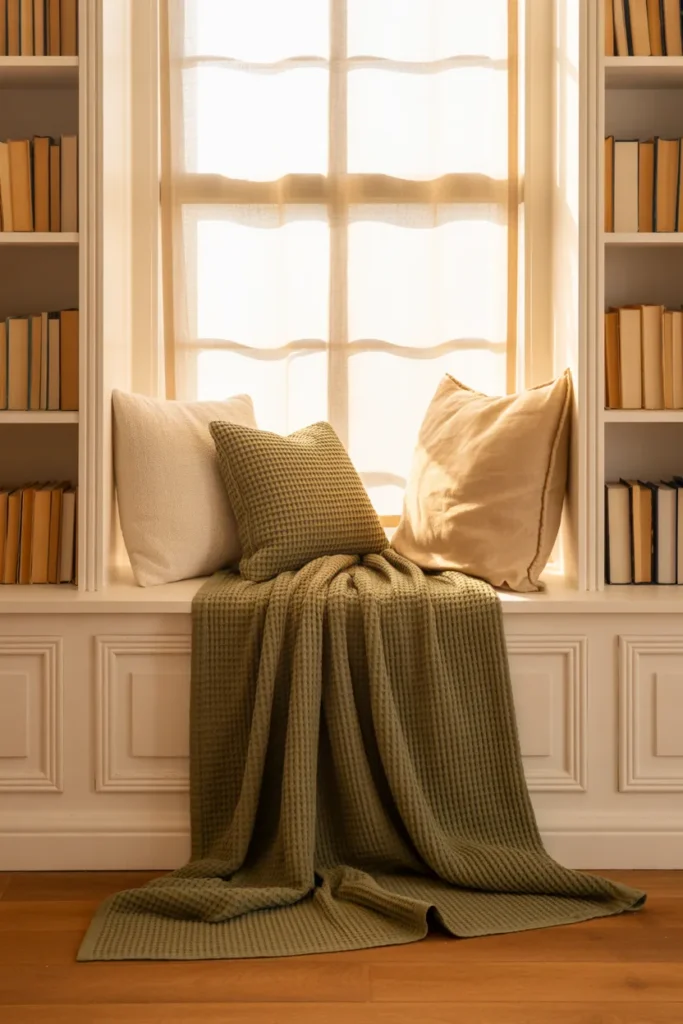 Window seat reading nook with olive green waffle weave throw blanket and linen cushions in cottagecore style.