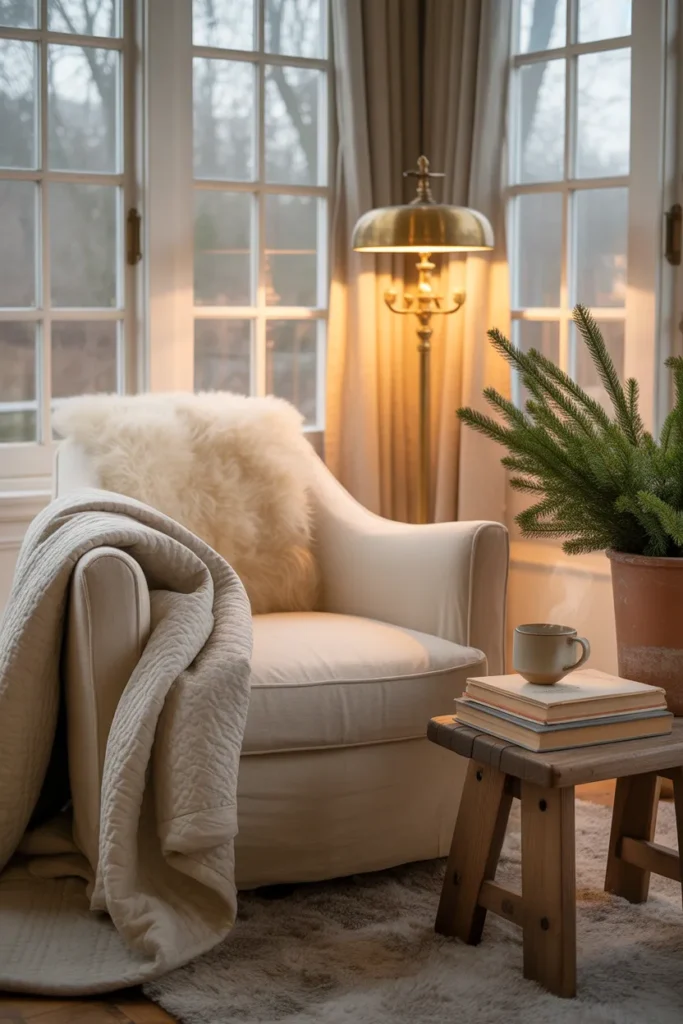 Winter sunroom reading nook with sheepskin throw, thermal curtains, and brass floor lamp.