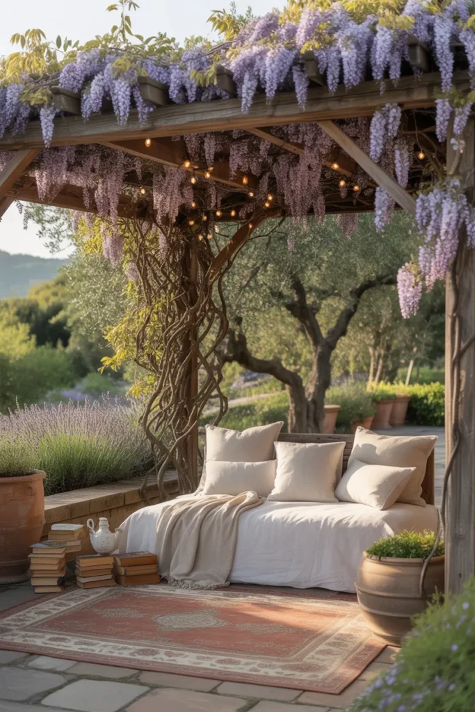 Wisteria-covered pergola with linen daybed, books, and lanterns — pergola reading nook idea for the garden.