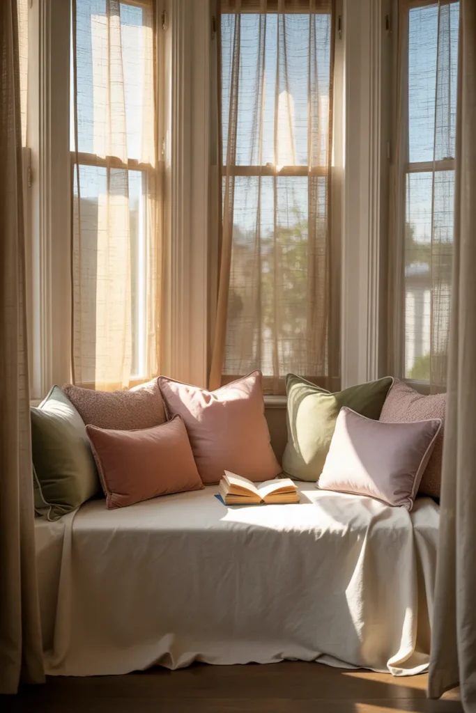 bay window reading nook in living room with custom cushion and sheer curtains