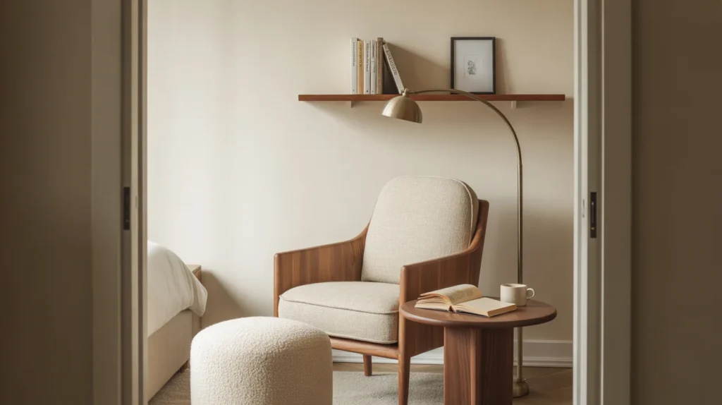 Compact bedroom reading corner with linen armchair, floor lamp, side table, and floating shelf