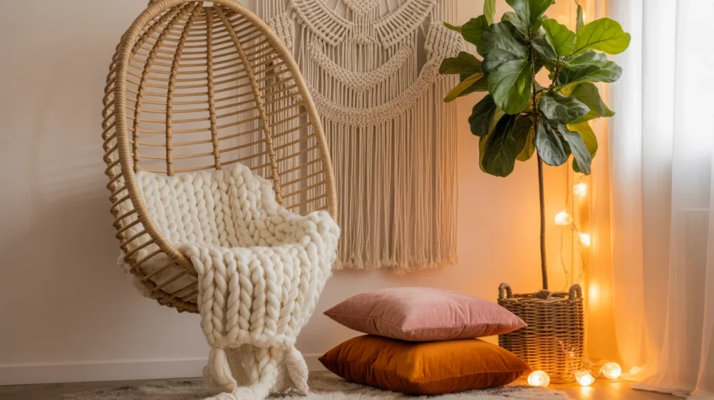  bohemian reading nook with hanging egg chair macramé and floor cushions