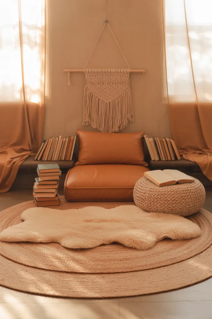 boho floor cushion reading nook in living room with layered rugs and warm tones