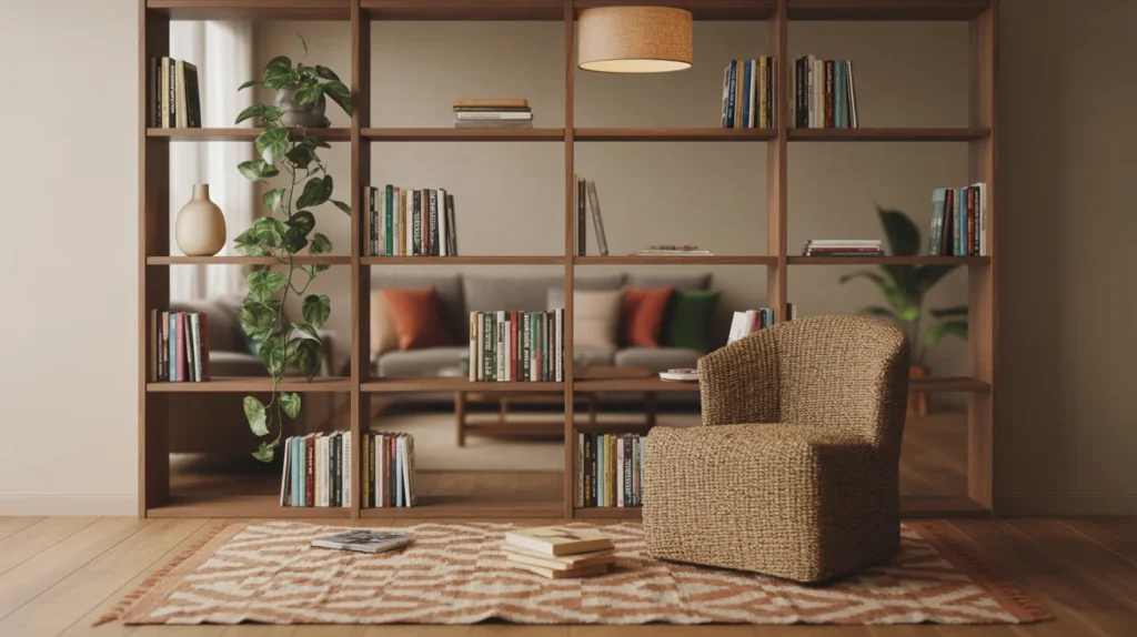Studio apartment reading nook using bookshelf divider with armchair and rug