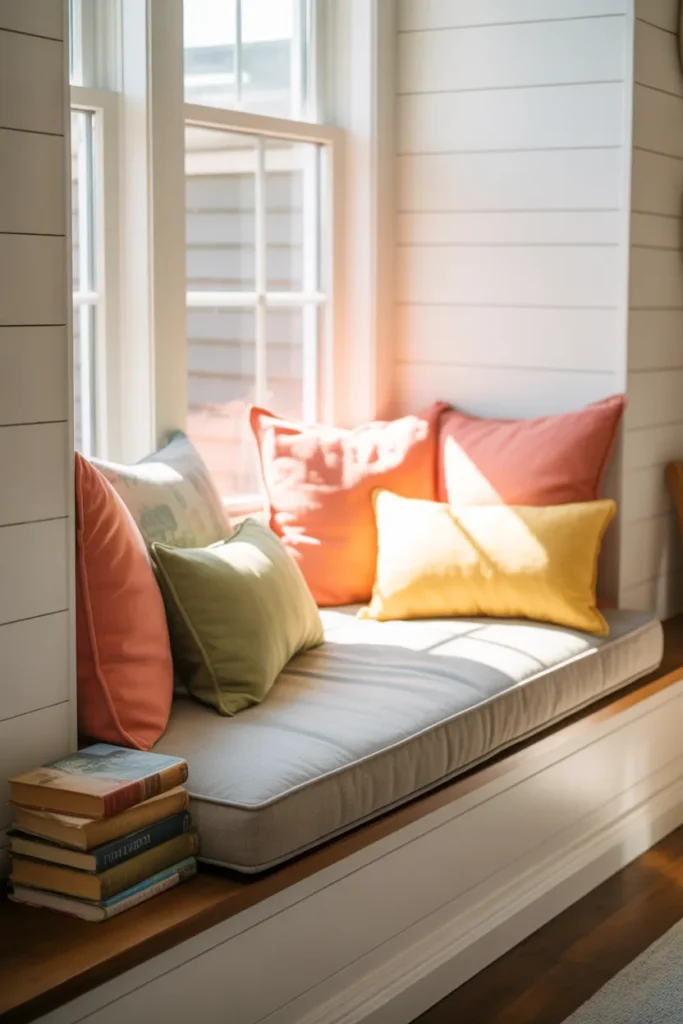  built in window seat reading nook in living room with natural light and cushions