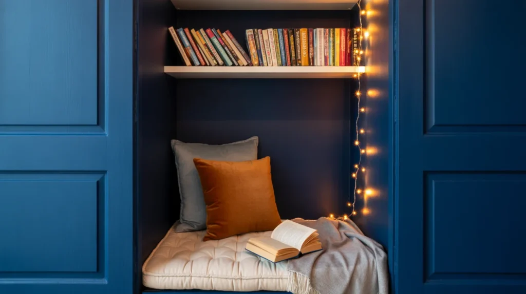 Closet converted into a reading nook with navy walls, fairy lights, floating shelves, and cushioned seating