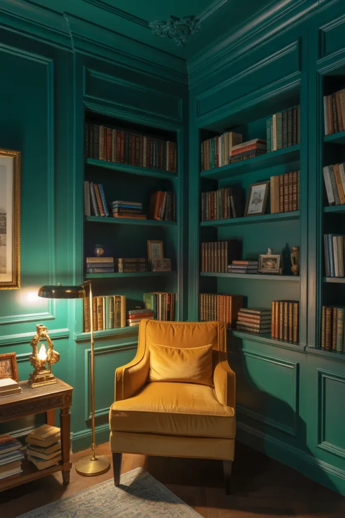 color drenched emerald green reading nook decor with velvet armchair and brass accents