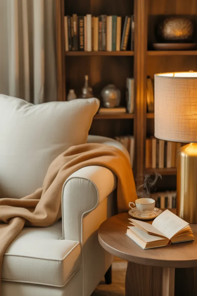 cozy living room reading nook idea with cream armchair throw blanket and warm lighting
