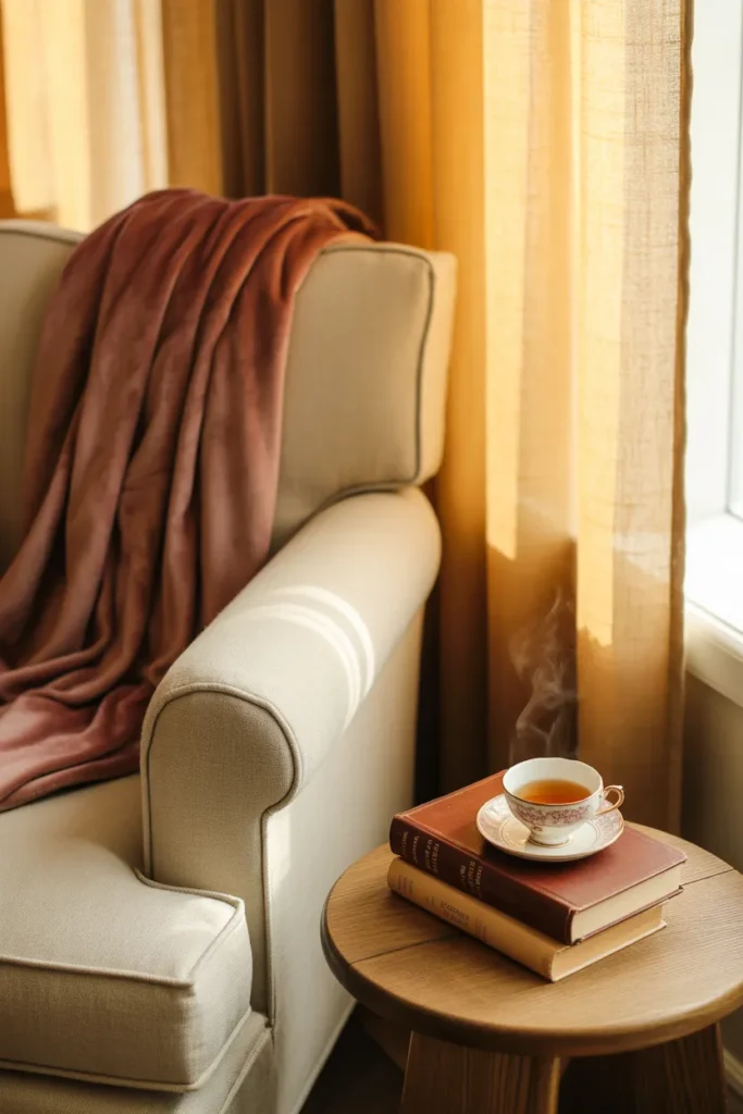 cozy reading nook decor with plush armchair velvet throw and books in warm sunlit corner