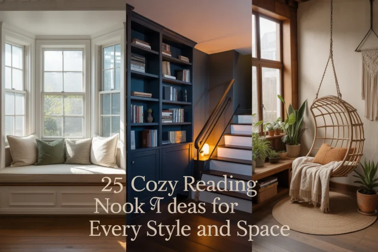 cozy reading nook ideas collage featuring window seat under stairs nook and bohemian reading corner