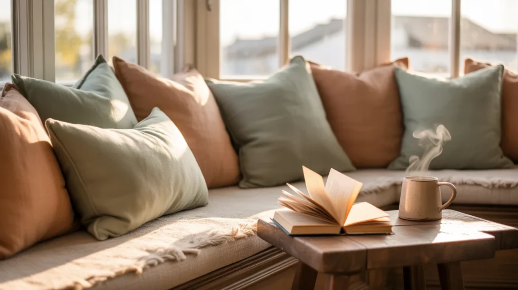 cozy reading nook ideas with bay window cushion bench and sage throw pillows