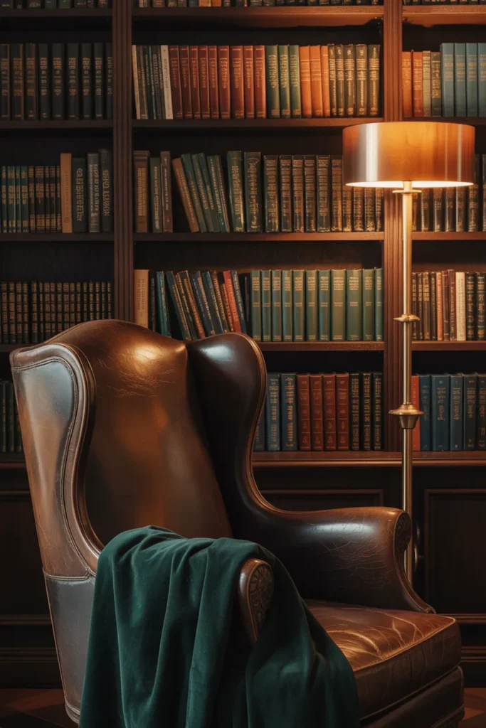 dark academia reading nook decor with leather wingback chair and floor to ceiling bookshelf