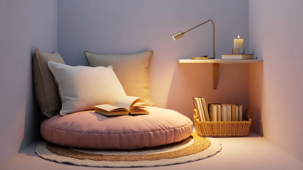 Floor cushion reading corner in a small bedroom with layered rugs, back pillows, and clip-on reading lamp