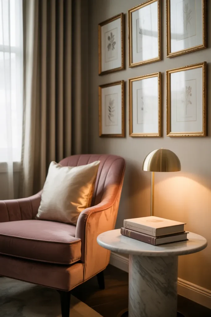 gallery wall reading nook in living room with velvet chair and botanical art prints