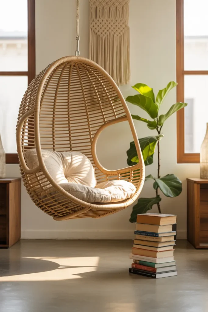  hanging rattan swing chair reading nook in living room with books and indoor plant