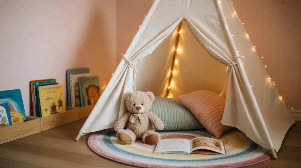 Kids reading nook with teepee, fairy lights, low bookshelf, and colorful cushions in small bedroom
