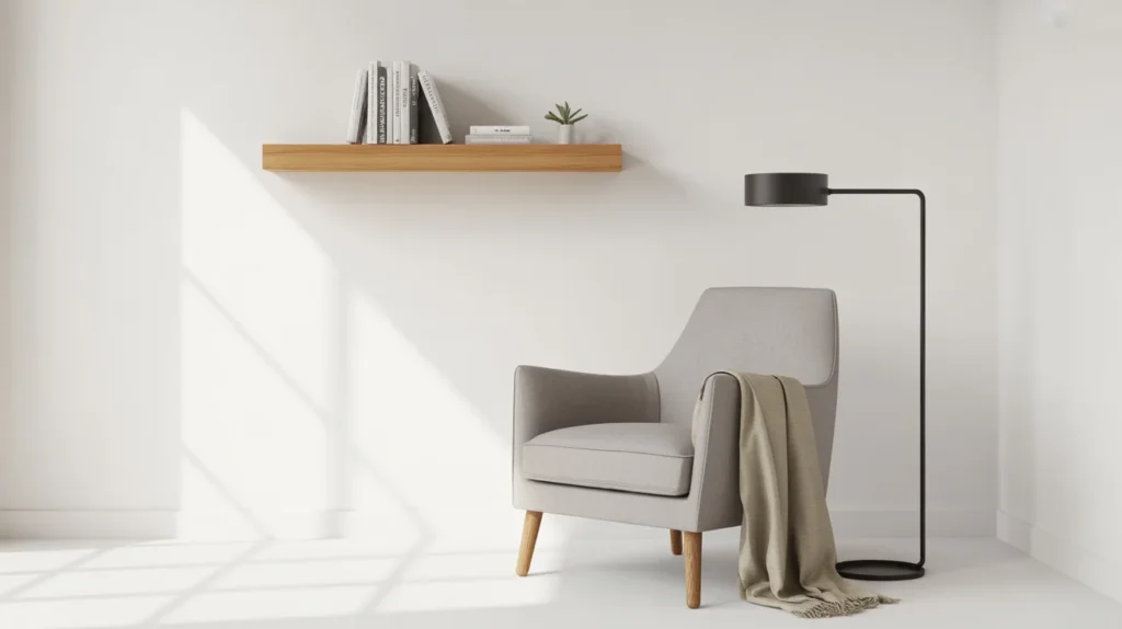 Minimalist reading nook with single chair, floating shelf, floor lamp, and natural light