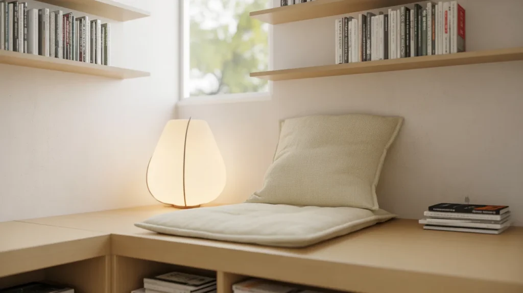 minimalist reading nook with japandi tatami seat and sculptural floor lamp