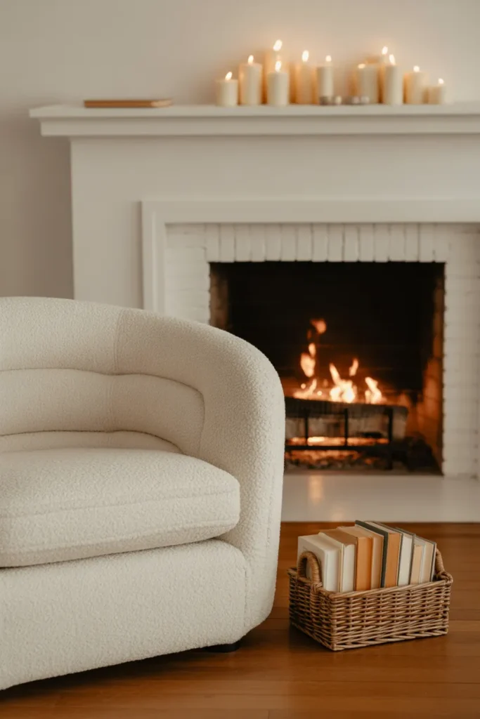 reading nook beside fireplace in living room with boucle chair and book basket